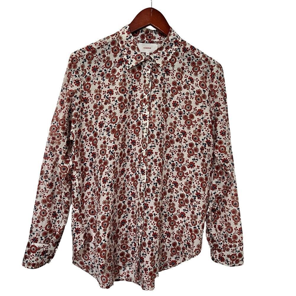 XIRENA Ditsy Floral Beau Button Silk Cotton Shirt‎ Size XS Red Spark Bloomcore